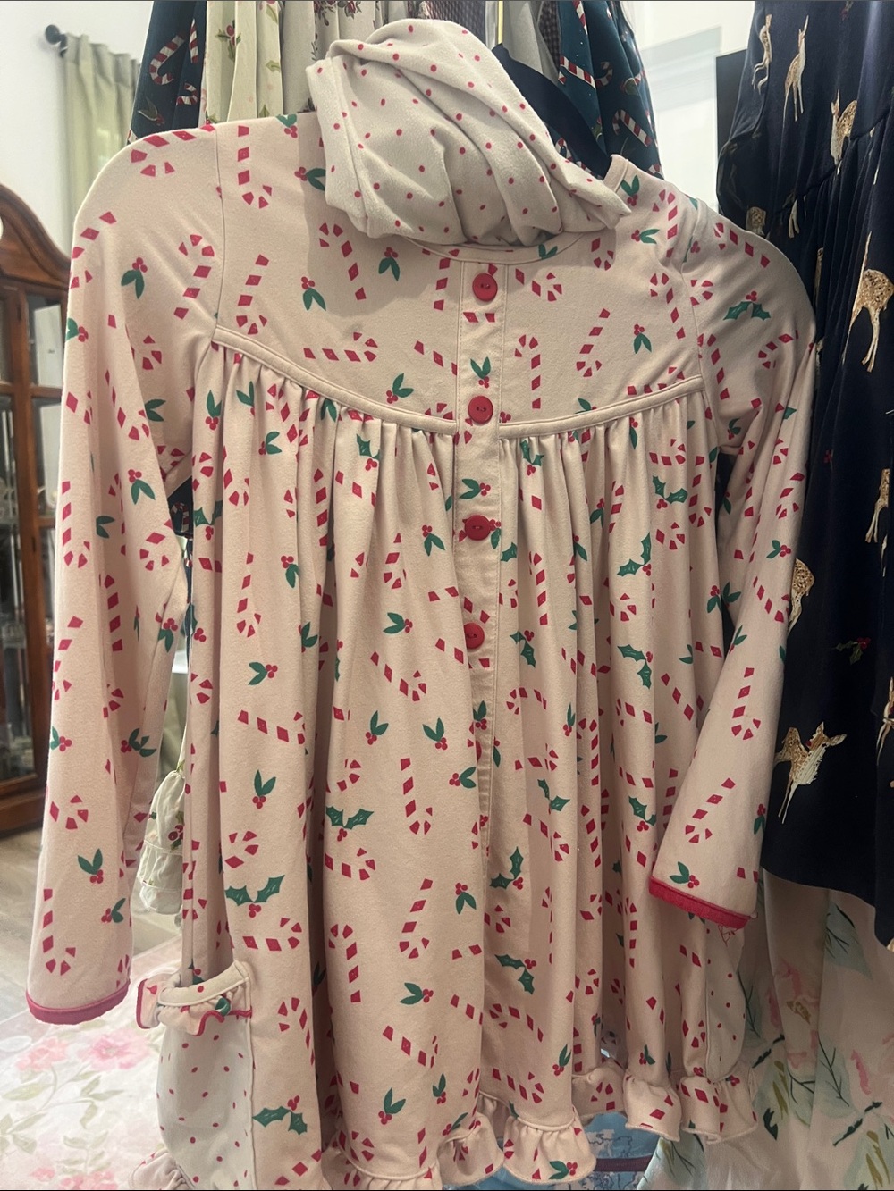 SweetHoney Cream Tunic with Red Candy Cane & Green Holly Print